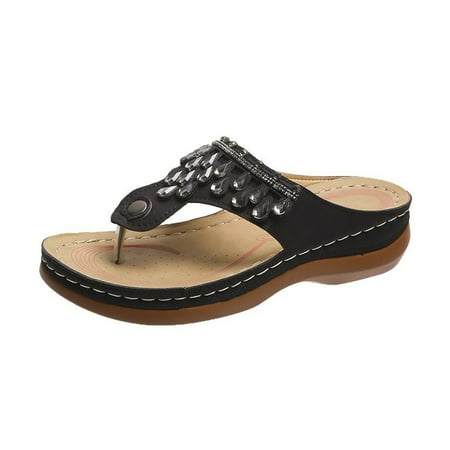 

knqrhpse slippers for women Fashion Solid Color Rhinestone Flip Flops Wedge Sandals womens slippers house slippers for women