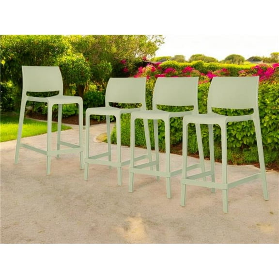 HomeRoots 565369 26 in. Green Heavy Duty Plastic Low Back Outdoor Counter Height Bar Chairs - Set of 4