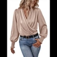thumbnail image 1 of Camisa Elegante de Color Liso con Escote en V y Mangas Farol para Mujer Albaricoque M, 1 of 9