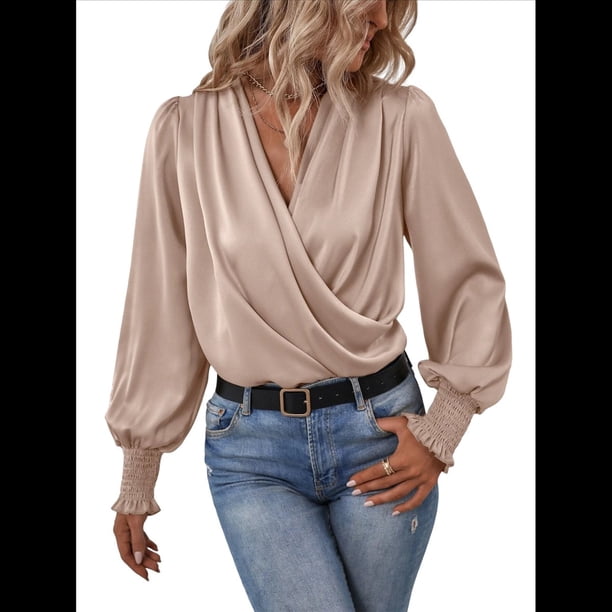 Camisa Elegante de Color Liso con Escote en V y Mangas Farol para Mujer Albaricoque L