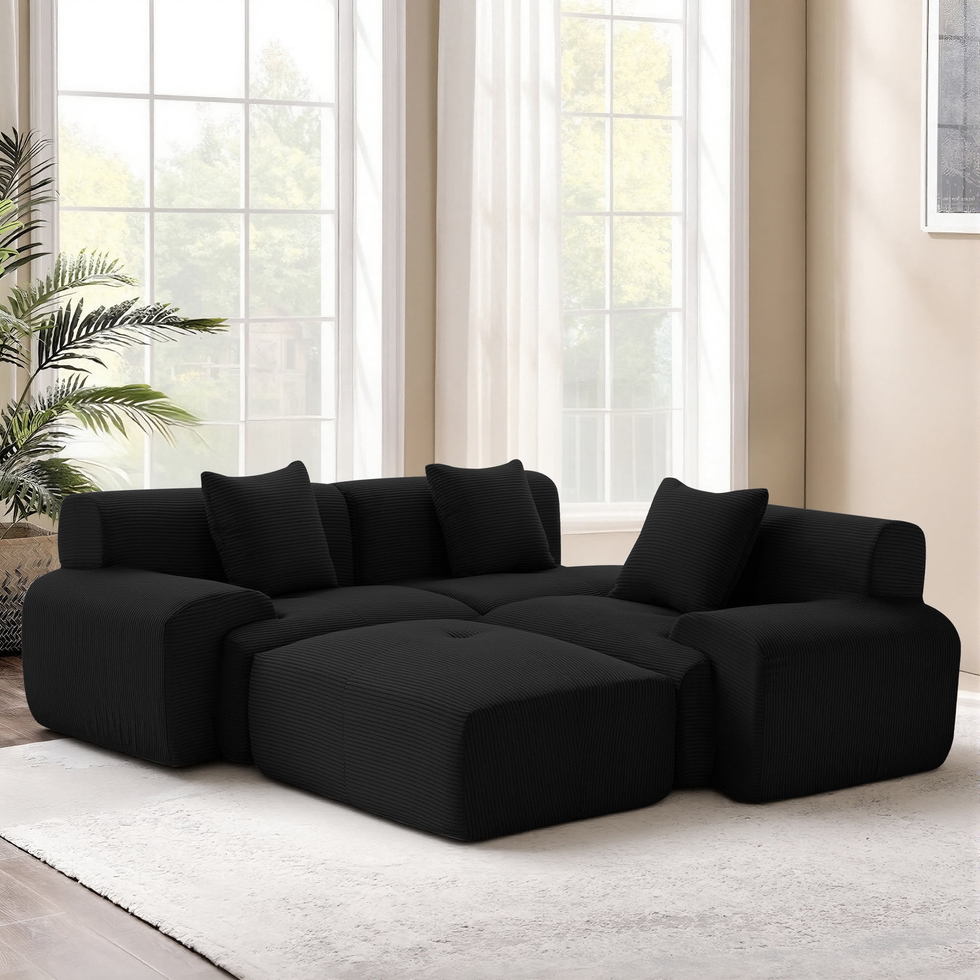 GAOHAPY 107"Modern L Shaped Modular Sectional Sofa, Oversized Corduroy Couch Deep Seat, Boneless Cloud Couch with Ottoman, 30D Sponge for Indoor Living Room, No Assembly Required(Black)