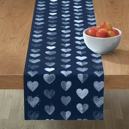 

Cotton Sateen Table Runner 90 - Heart Sashiko Hearts Valentine Day Blue Watercolor Print Custom Table Linens by Spoonflower