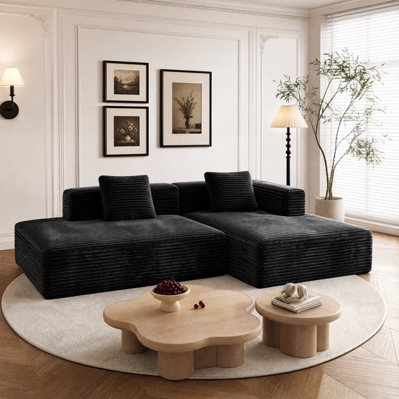Meeyar 90" Boneless Sectional Couch, Black L-Shaped Corduroy Cloud Sofa with 28" Deep Seat