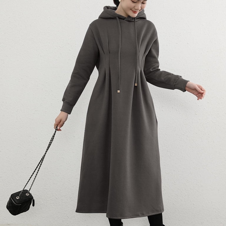 fleece lined maxi dress Purcolt Women's Long Hoodie Dress Fleece Lined Long Sleeve Solid Loose Fit Drawstring Hooded Sweatshirt Dress with Pockets, Size: 5XL, Green