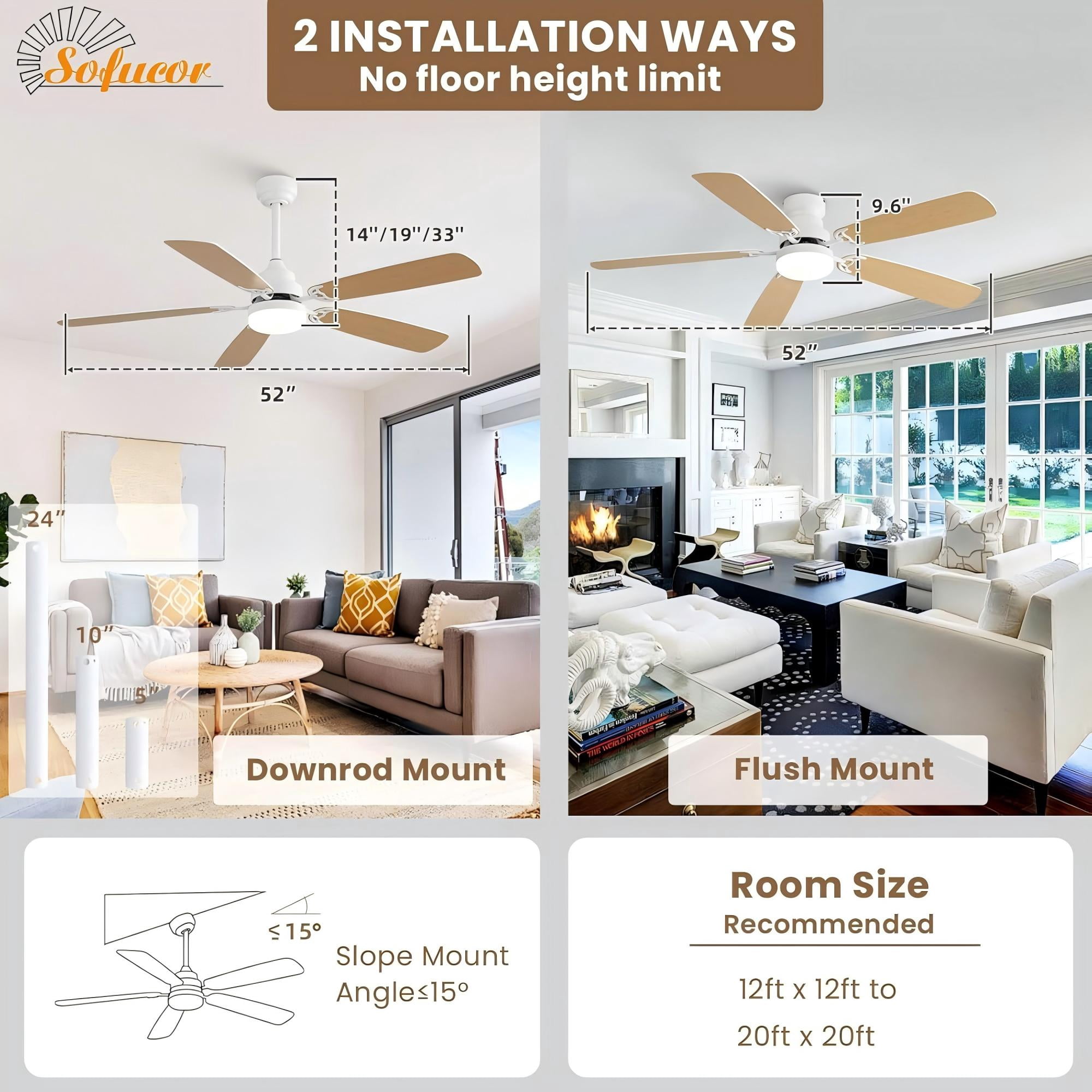 Sofucor 52-Inch Modern Ceiling Fan with LED Light and Remote