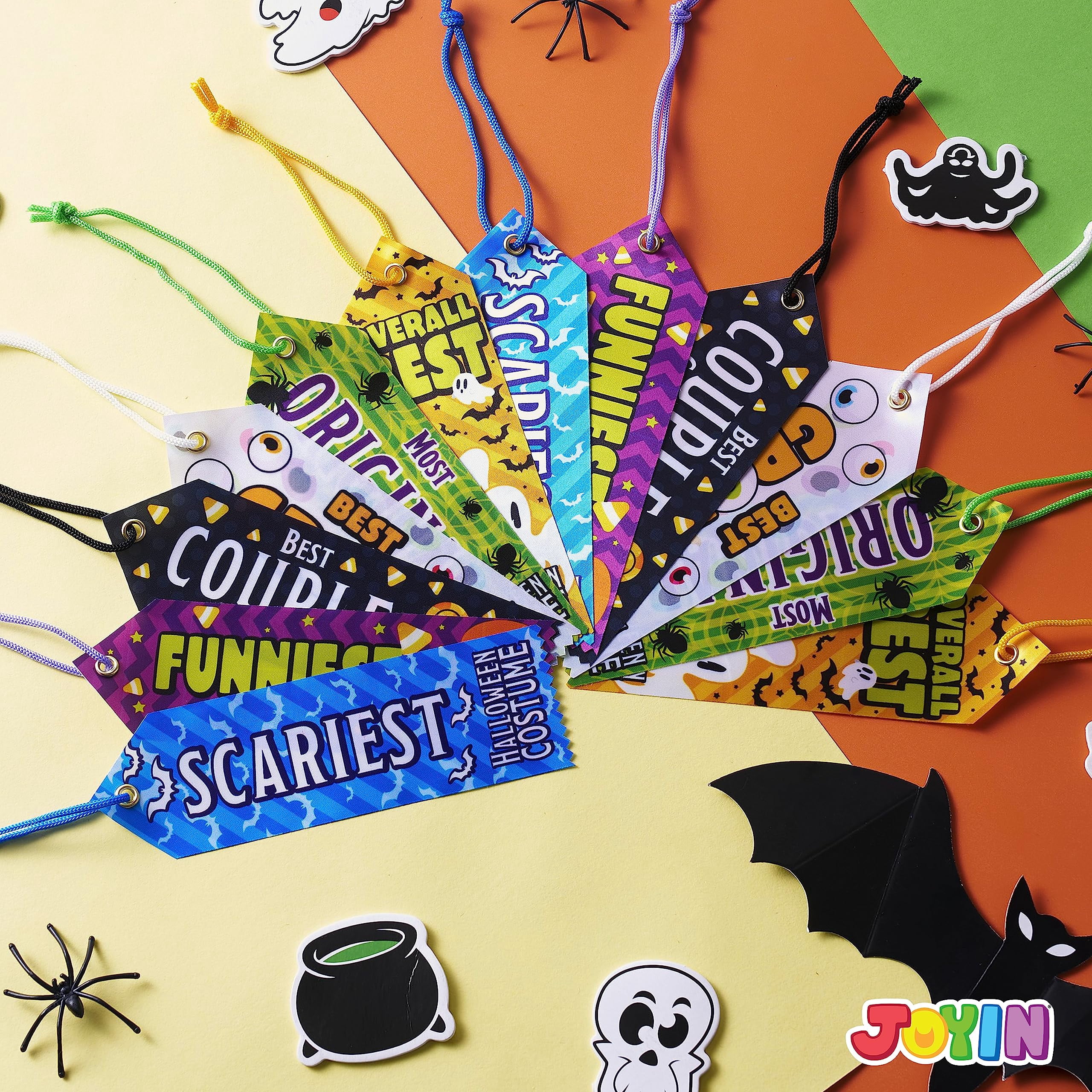 Joyfy 24 Pcs Halloween Carnival Prizes,Halloween Medal Trophies and Trophy Ribbons Games,Best Costume Trophy Halloween for Adults Kids,Halloween Prizes Bulk,Carnival Party Favors