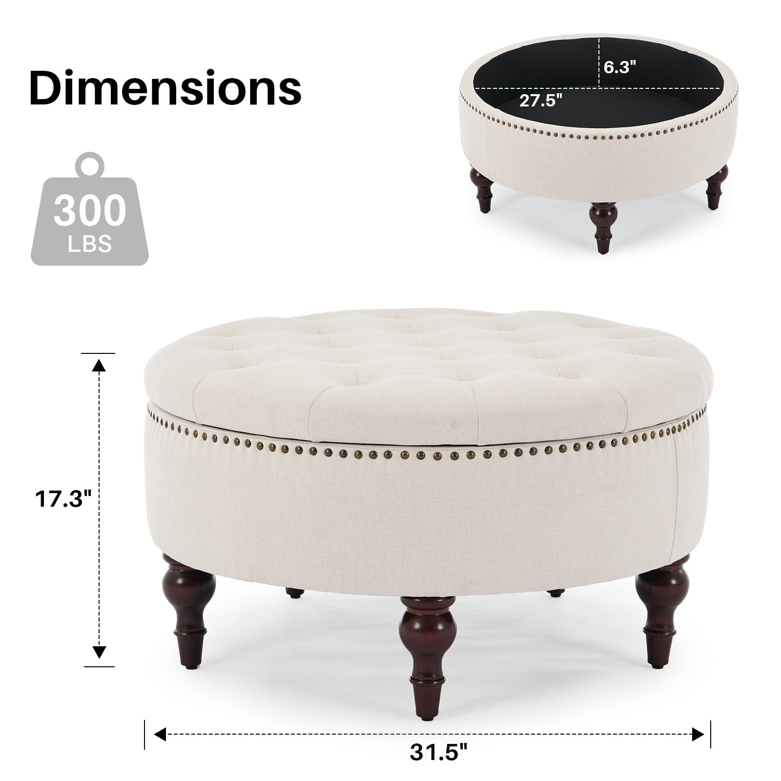 JURANYAZHU 31.5 Inch Oversized Storage Ottoman, Upholstered Storage Seat, with Reversible Lid, Multifunctional As a Coffee Table, Linen Fabric, for Living room,Bedroom,Beige