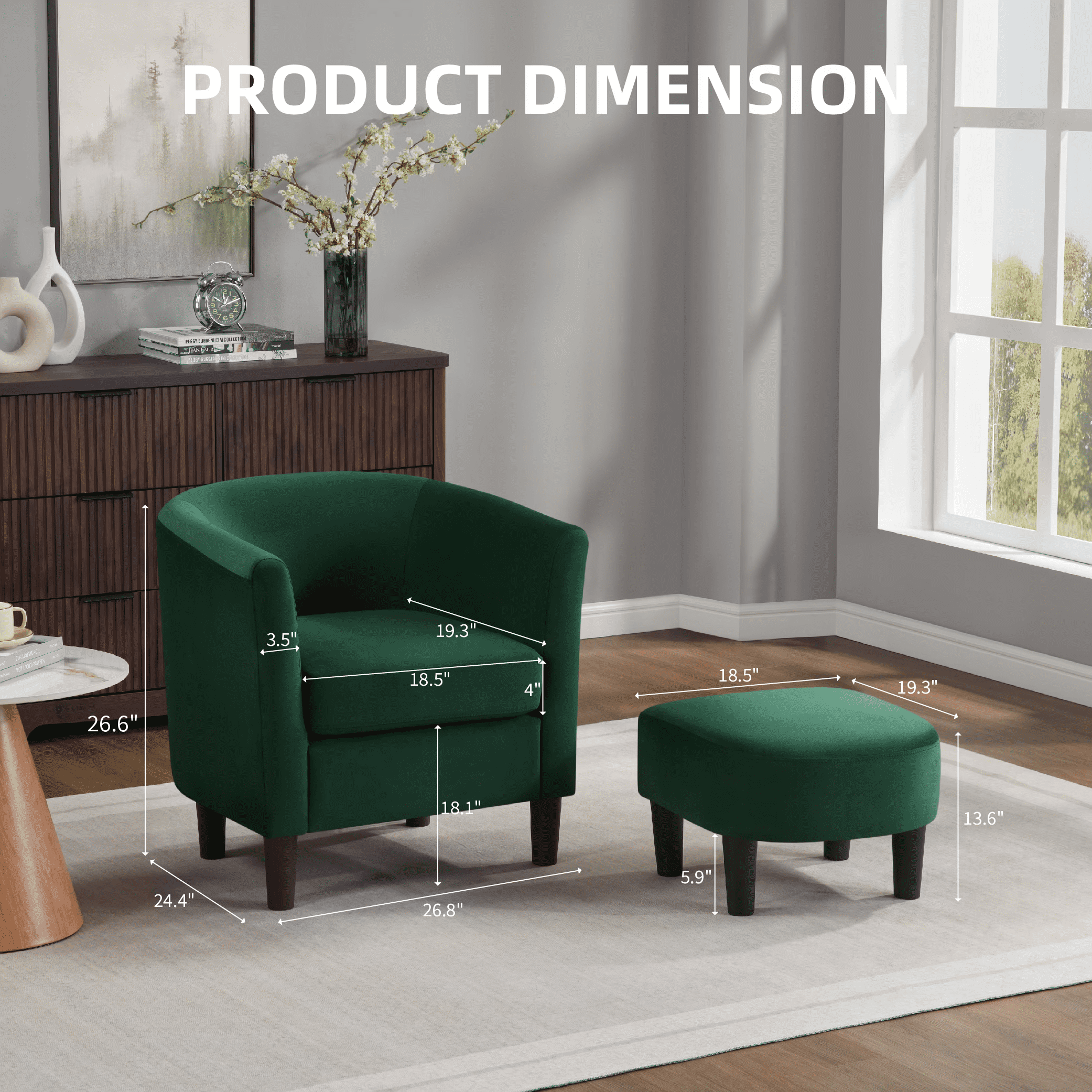 FunniHomi Velvet Accent Chair with Ottoman, Modern Barrel Chair Armchair with Footrest for Living Room, Bedroom and Reading Room, Green