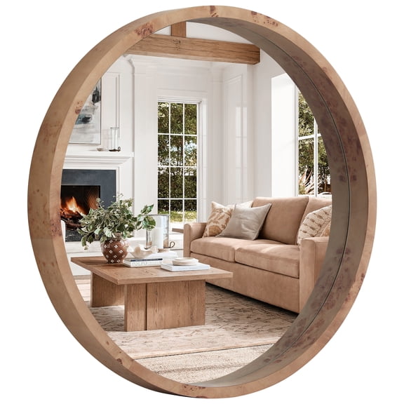 WallBeyond 24 in. Round Burlwood Wall Mirror with Natural Wide Wood Frame for Bathroom Vanity