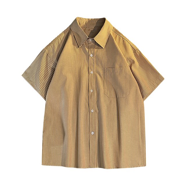 Manga Corta Cardigan Raya Impresión Botón Solapa Blusa Casual, Camisas de Manga Corta para Hombre