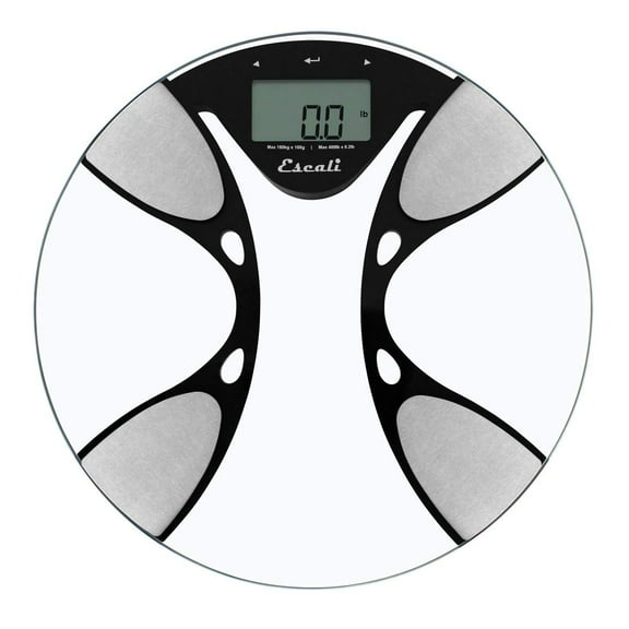Báscula de composición corporal ultradelgada Escali con análisis de impedancia bioeléctrica. Calcula la grasa corporal, el agua, la masa muscular magra y la masa ósea.