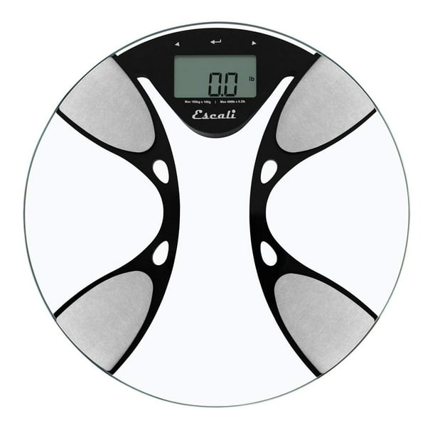 Báscula de composición corporal ultradelgada Escali con análisis de impedancia bioeléctrica. Calcula la grasa corporal, el agua, la masa muscular magra y la masa ósea.