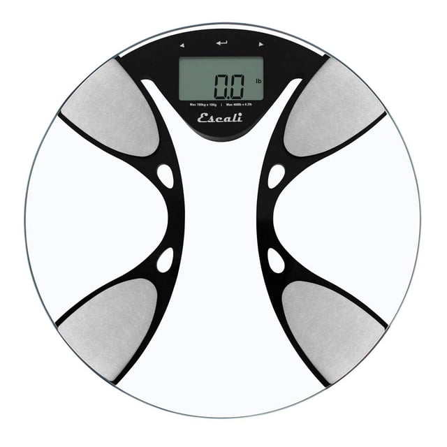 Báscula de composición corporal ultradelgada Escali con análisis de impedancia bioeléctrica. Calcula la grasa corporal, el agua, la masa muscular magra y la masa ósea.