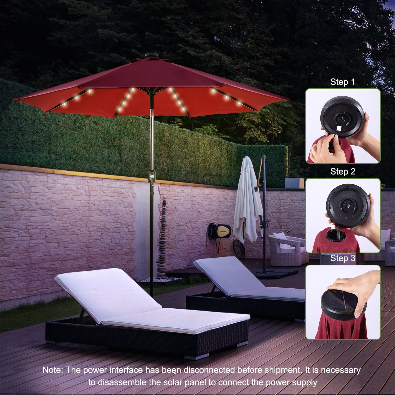 Backyard Expressions 9ft Solar Patio Umbrella with 32 LED Lights – Outdoor Market Umbrella with Tilt & Crank, Solar-Powered Lighting, Water-Resistant Fabric for Patio, Deck, Garden, Pool