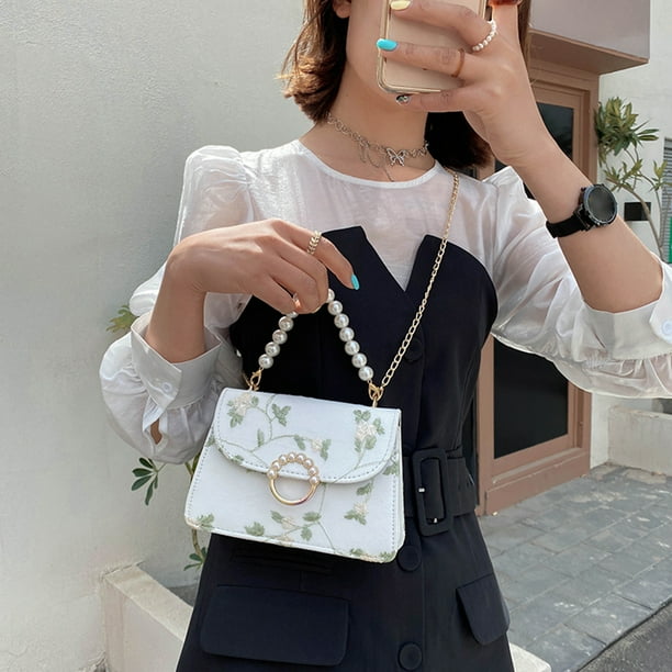 Sywqhk Moda Mujer Pu Flor Hombro Bolso Casual Perla Cadena Bolsos Blanco Sywqhk Para estrenar Bodega Aurrera en linea