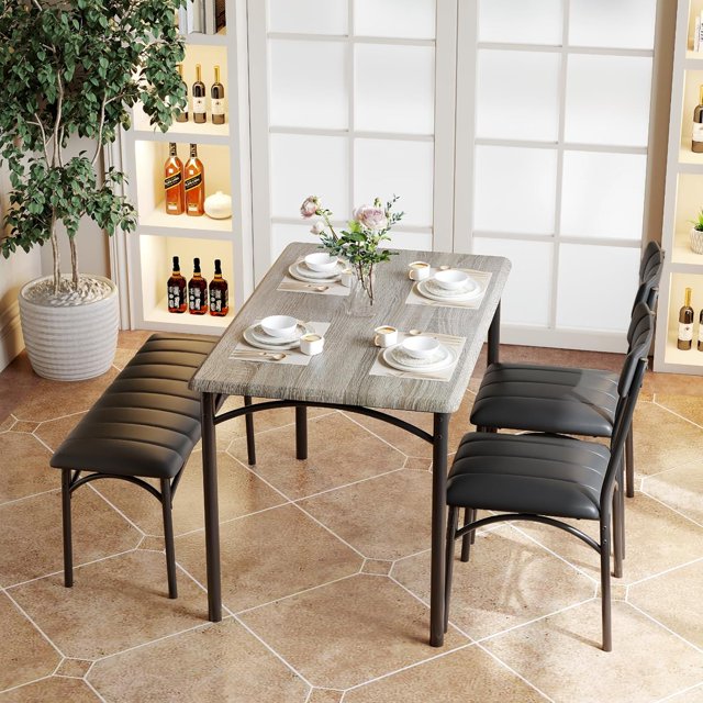 OUYAWEI Dining Table Set for 4,Kitchen Table and 2 Chairs & 1 Bench with UpholsteRed ,4 PCS Dining Table Set for Small Space,Apartment,Gray