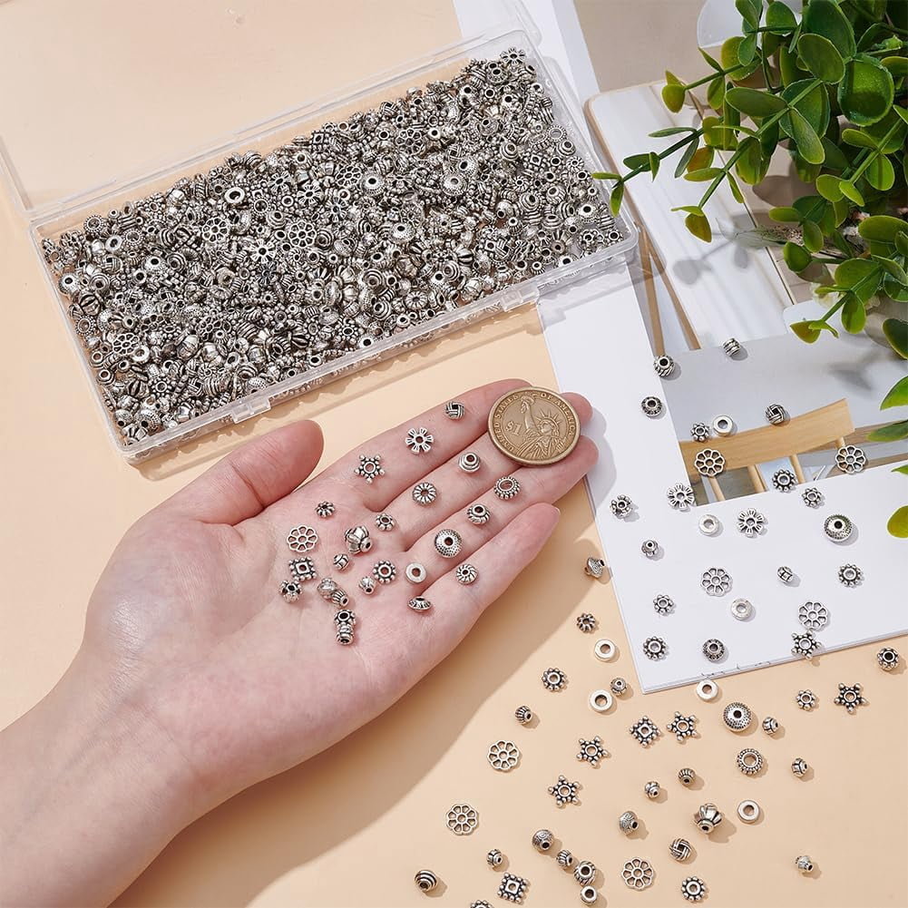 864Pcs 24 Styles Tibetan Style Alloy Spacer Beads Metal Silver Flat Round Bicone Flower Charm Spacers Loose Beads for Jewelry Making Bracelets Necklace DIY Craft