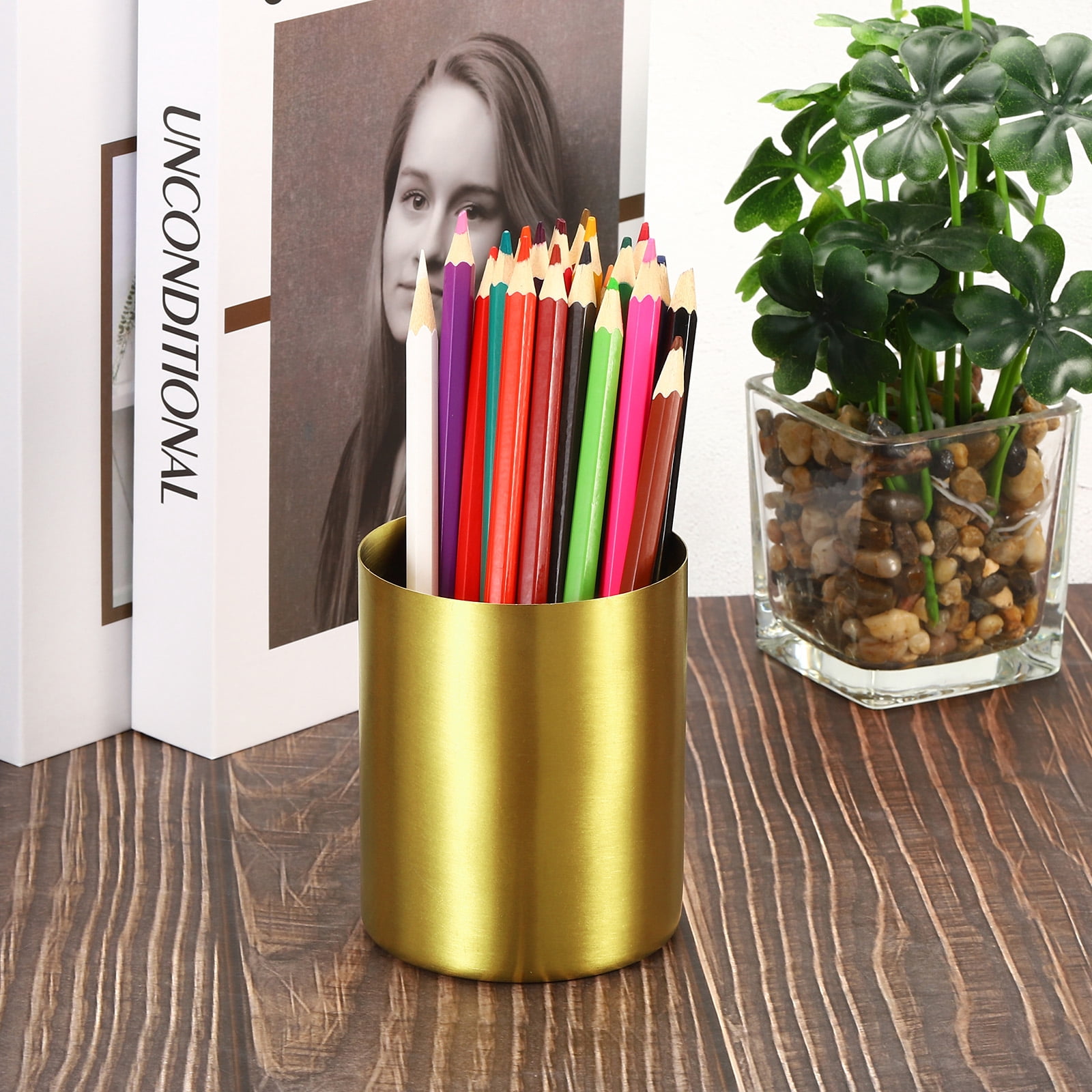 Unique Bargains Stylish Stainless Steel Pencil Holder for Desk Accessories Golden
