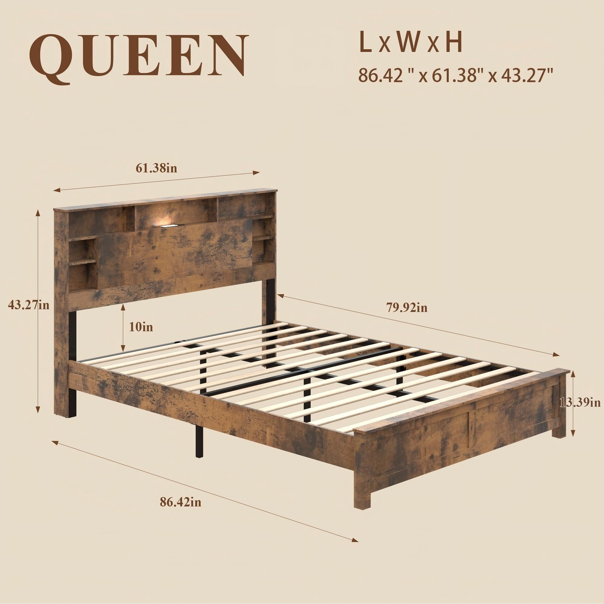 Aukfa Queen Size Bed Frame with Charging Station, Storage Headboard & LED Lights, Farmhouse Wood Platform Bed, Brown
