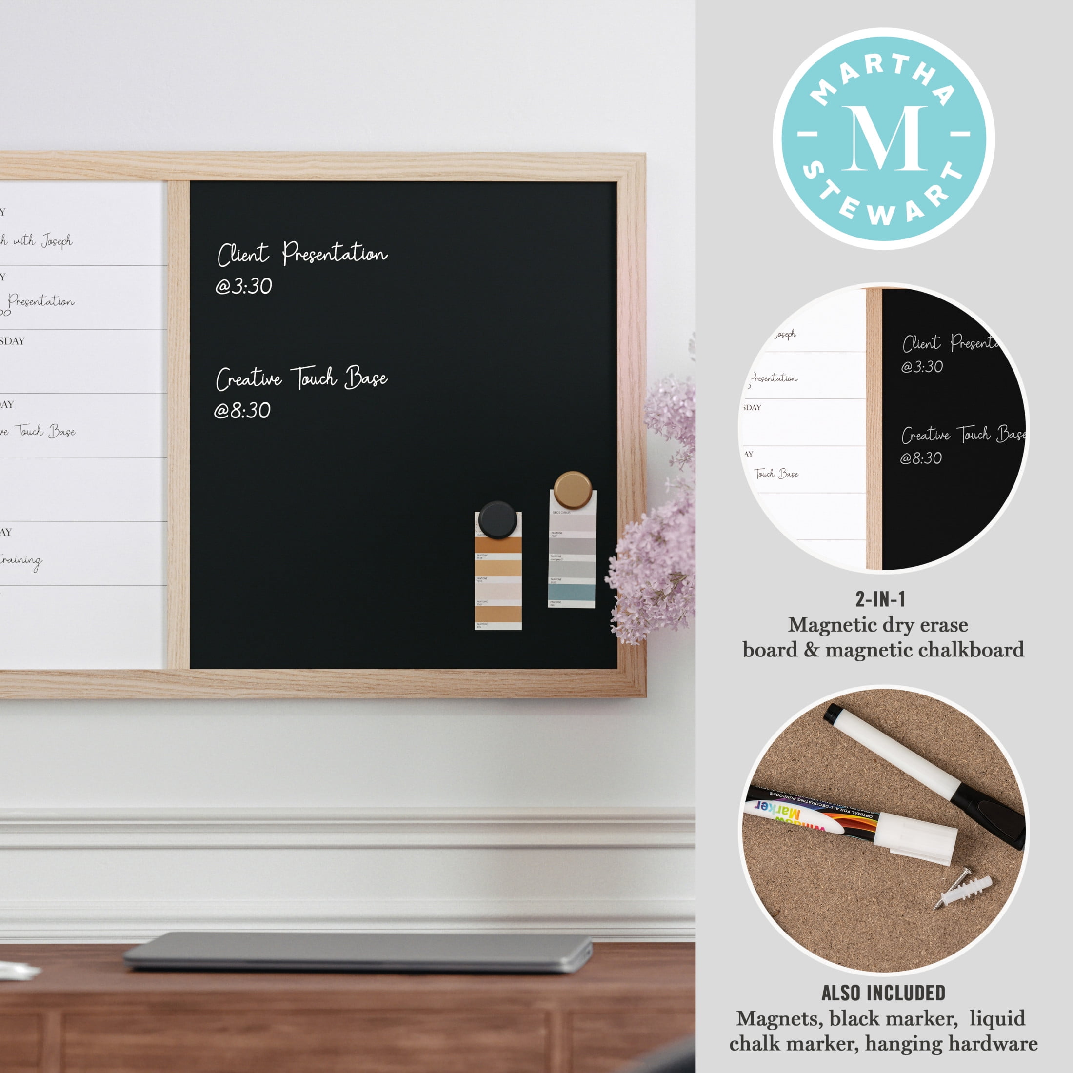 Martha Stewart Everette 24"x18" Magnetic Weekly Calendar Dry Erase Board and Chalk Board with Liquid Chalk Marker and Magnets, Light Natural Woodgrain Frame