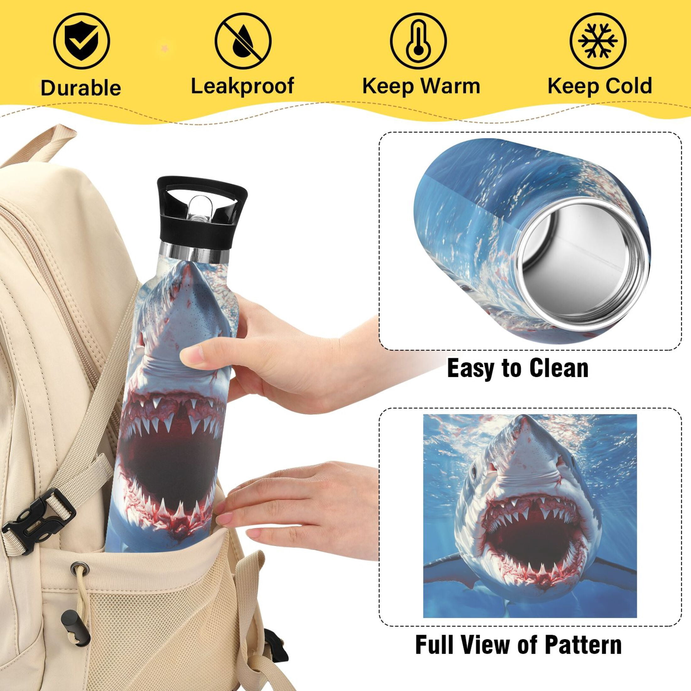 Kids Insulated Stainless Steel Sports Water Bottle 600ml (20oz), BPA-Free Open Shark Mouth