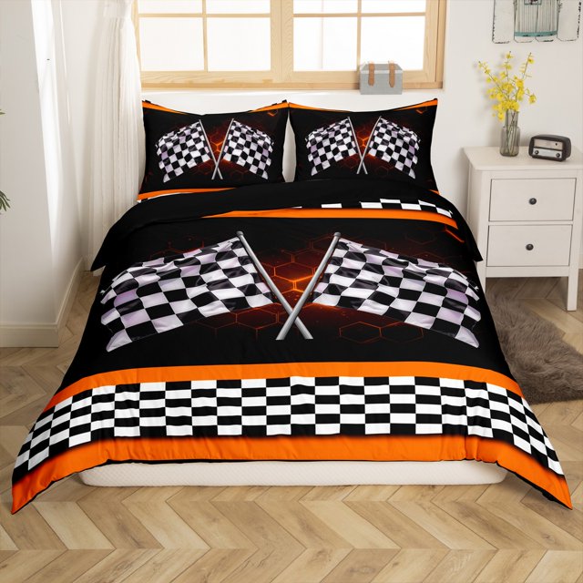 Erosebridal Racing Flag Comforter Cover Queen, Checkered Duvet Cover Queen, Neon Geometry Decor, Reversible 3-Piece(No Comforter)