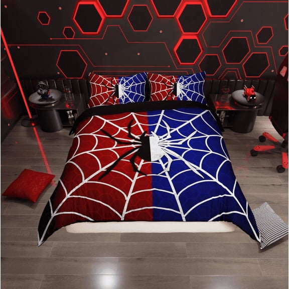 Erosebridal Gothic Spider Comforter Cover Twin, Spider Web Print Bedding Twin Size, Halloween Room Decor, Red Blue, Reversible 2 Pieces (No Comforter)