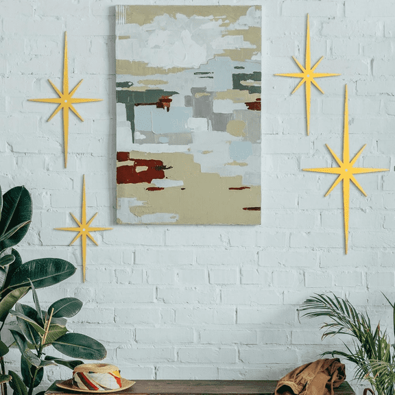 Vintage Atomic Star Wall Decor Set of 4 - Mid-Century Ironwork Octagonal Ornaments, Easy Mount Home Accents for Living Room.Decorative Sign