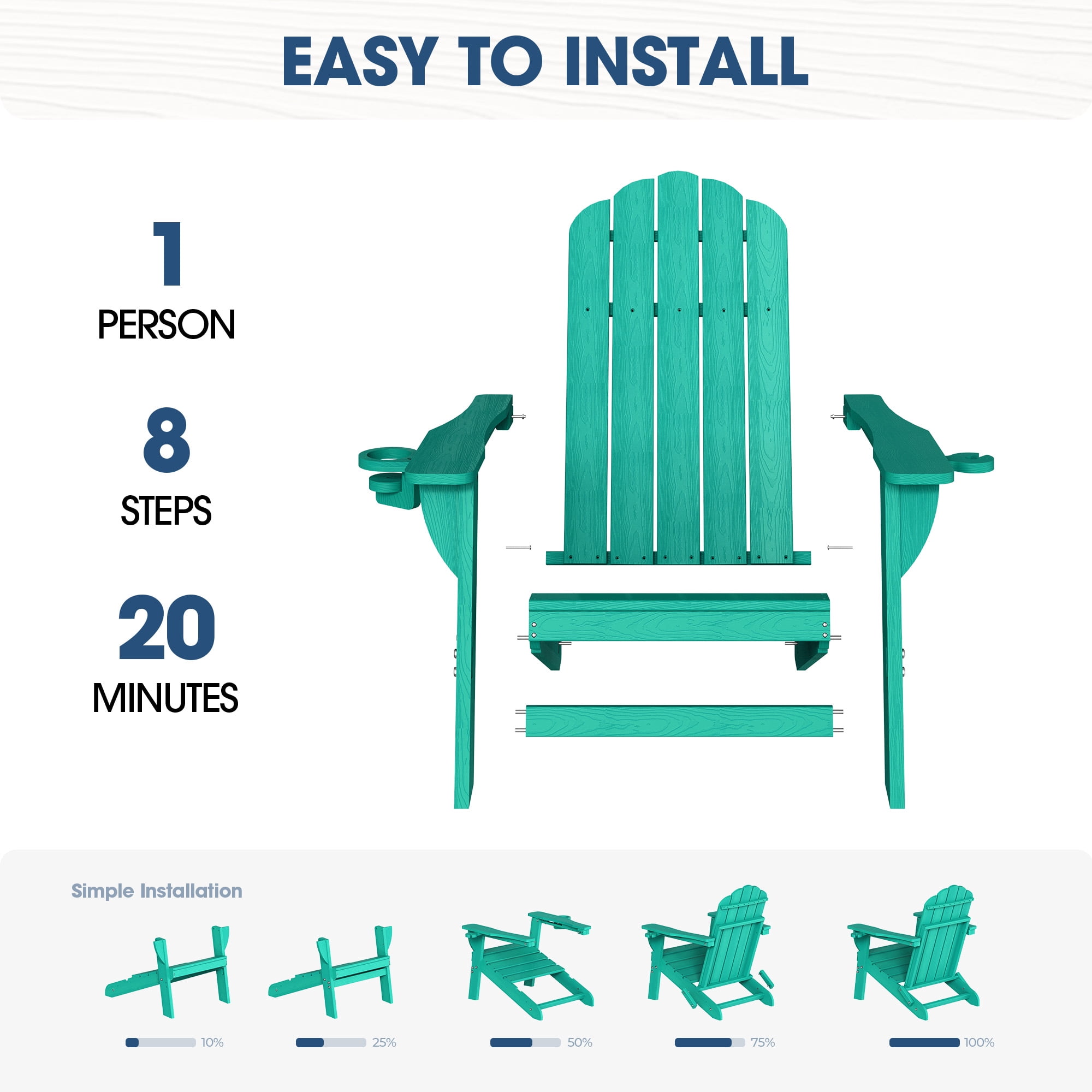 Folding Adirondack Chair, All-Weather HDPE Plastic Patio Fire Pit Chair, Aqua