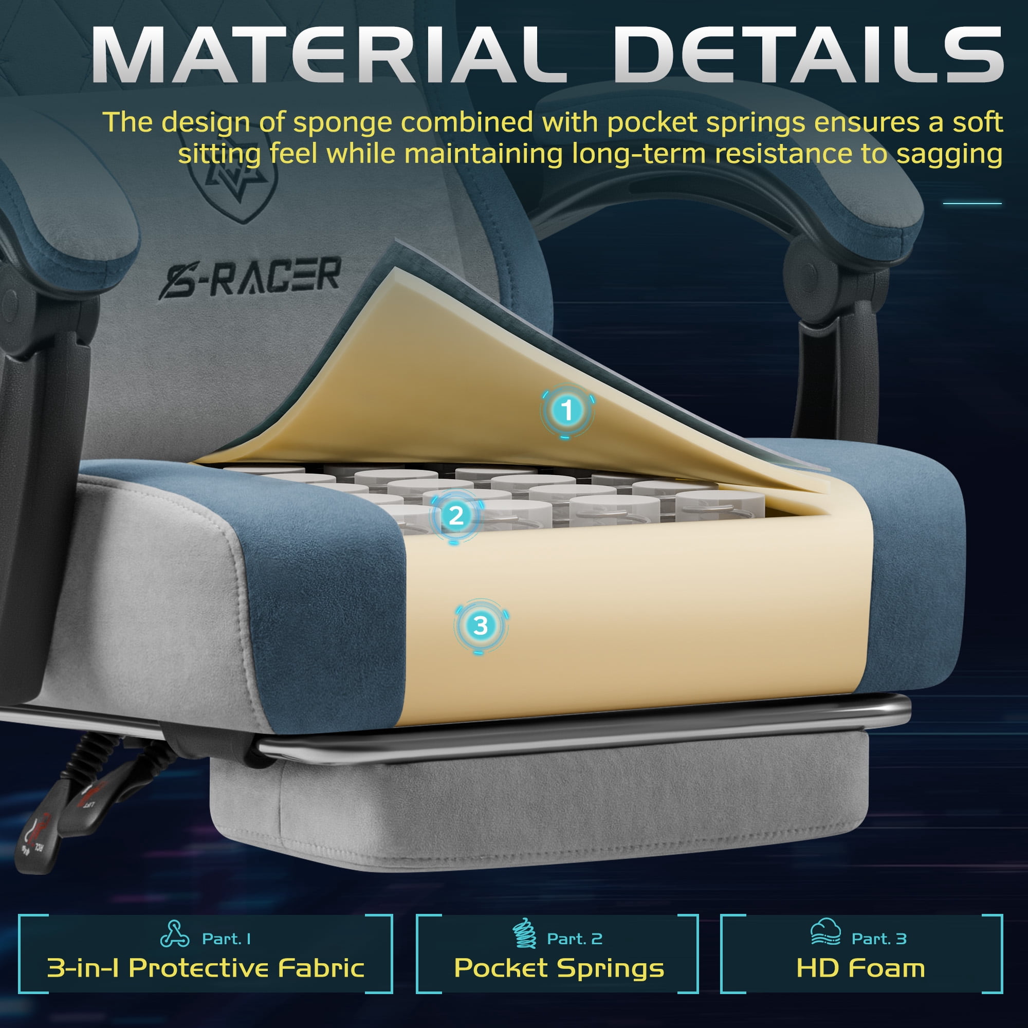 Homall Reclining Gaming Chair Premium Technical Fabric Massage Video Game Chair with Headrest, Lumber Support and Footrest, Gray