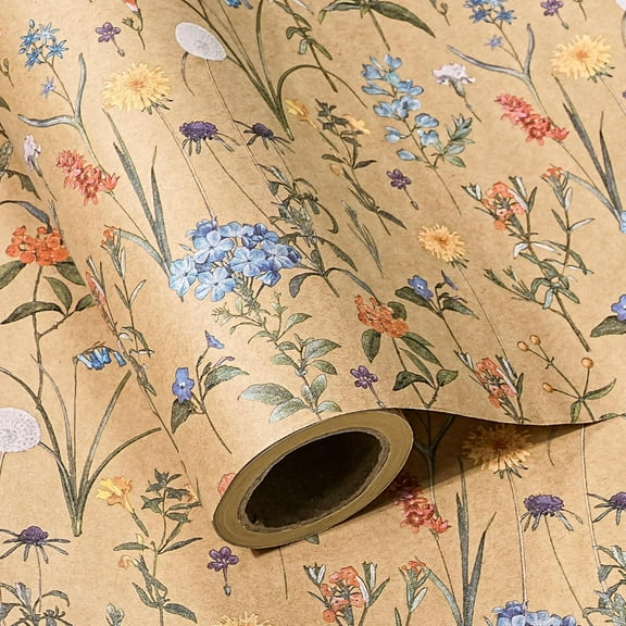 AllWays Plaza Kraft Floral Wrapping Paper Roll - Mini Roll - 17 Inch x 9.8 Feet - Wildflower Wrapping Paper Perfect for Girls Women Birthday, Wedding, Bridal Shower