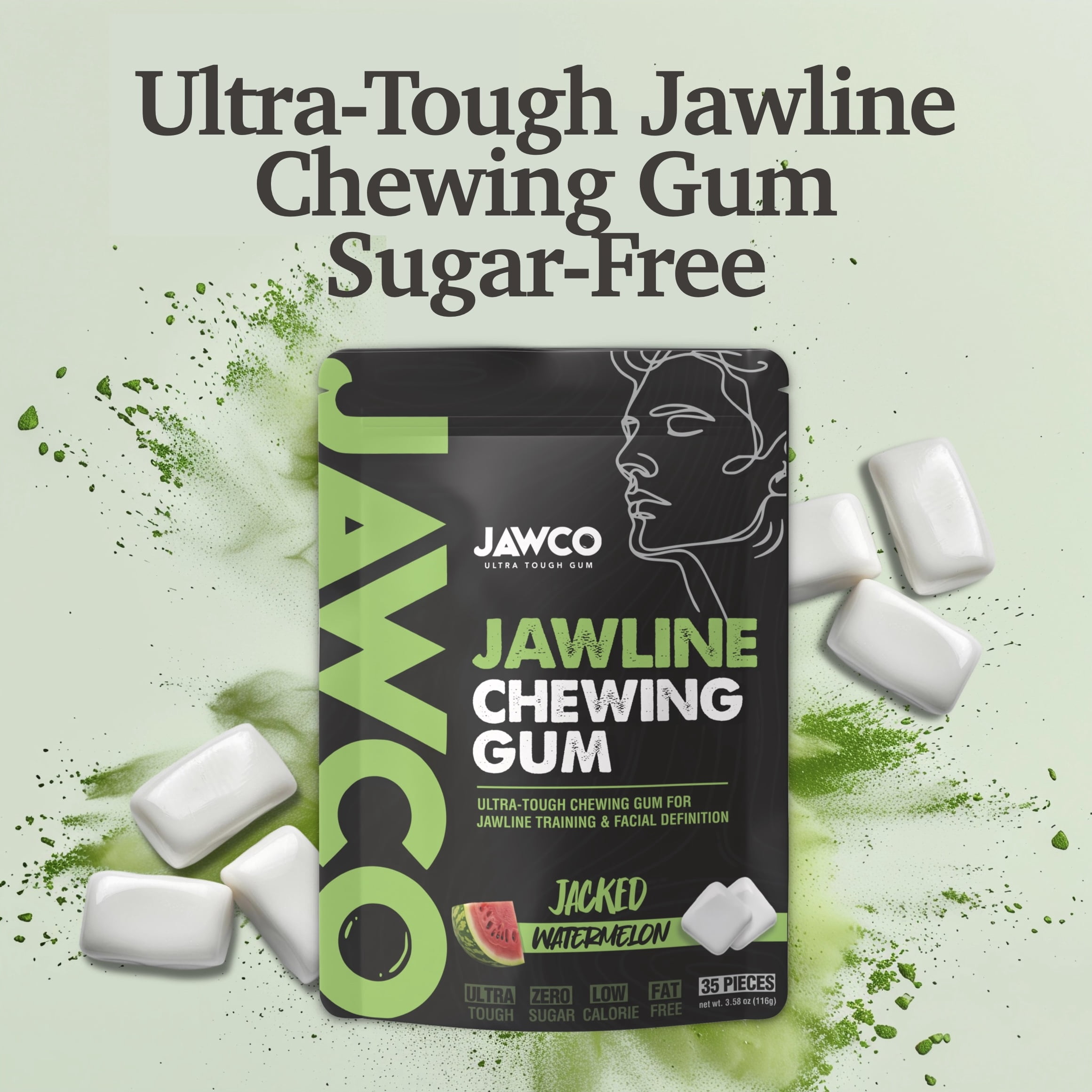 JAWCO Ultra-Tough Jawline Chewing Gum | Watermelon Facial Fitness Hard Gum | 3-PACK