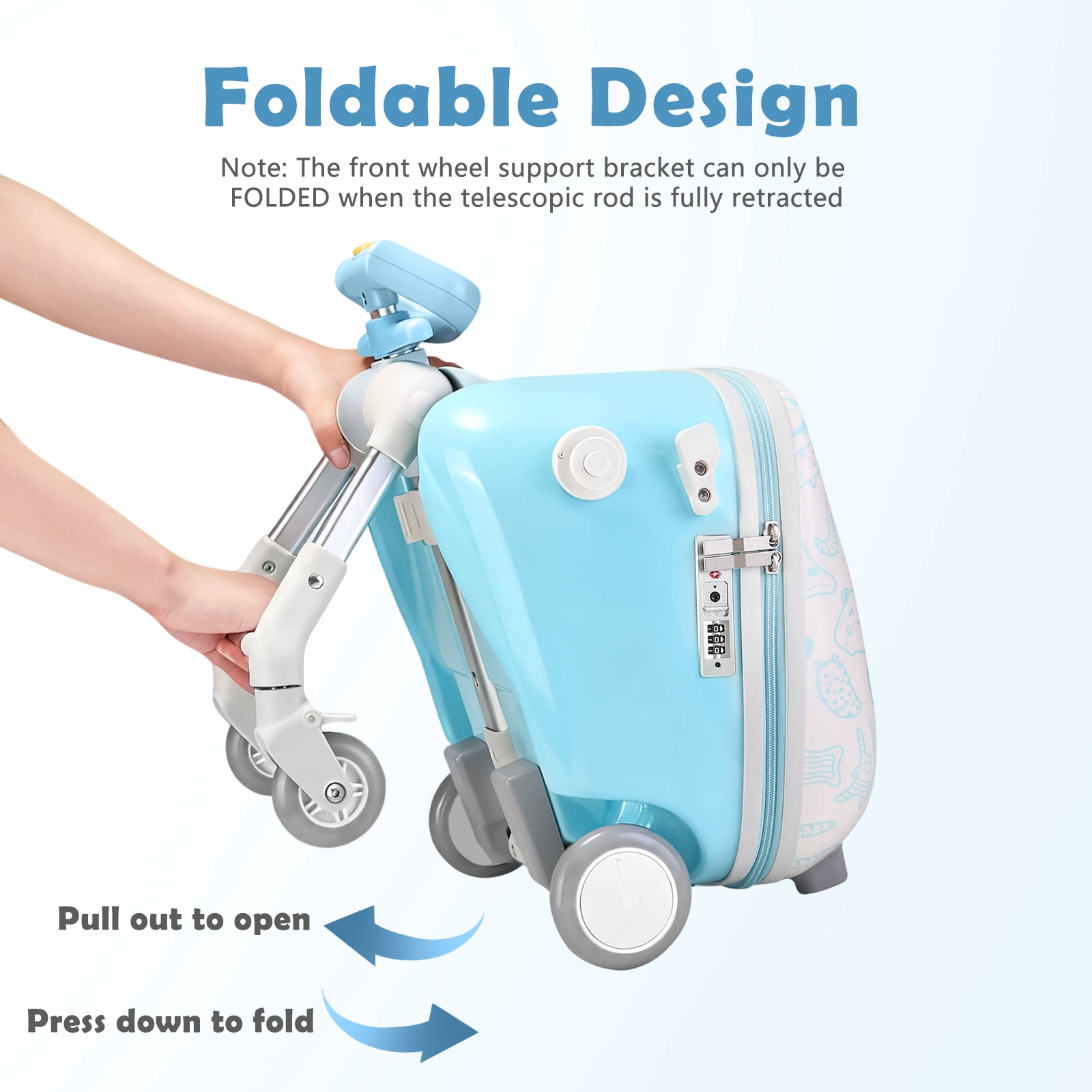 ReadRun Kids Ride-On Carry-On Luggage 20", 2-in-1 Travel Suitcase with Spinner Wheels and Seat, Toddler Stroller Case for Airplane Trips, Blue