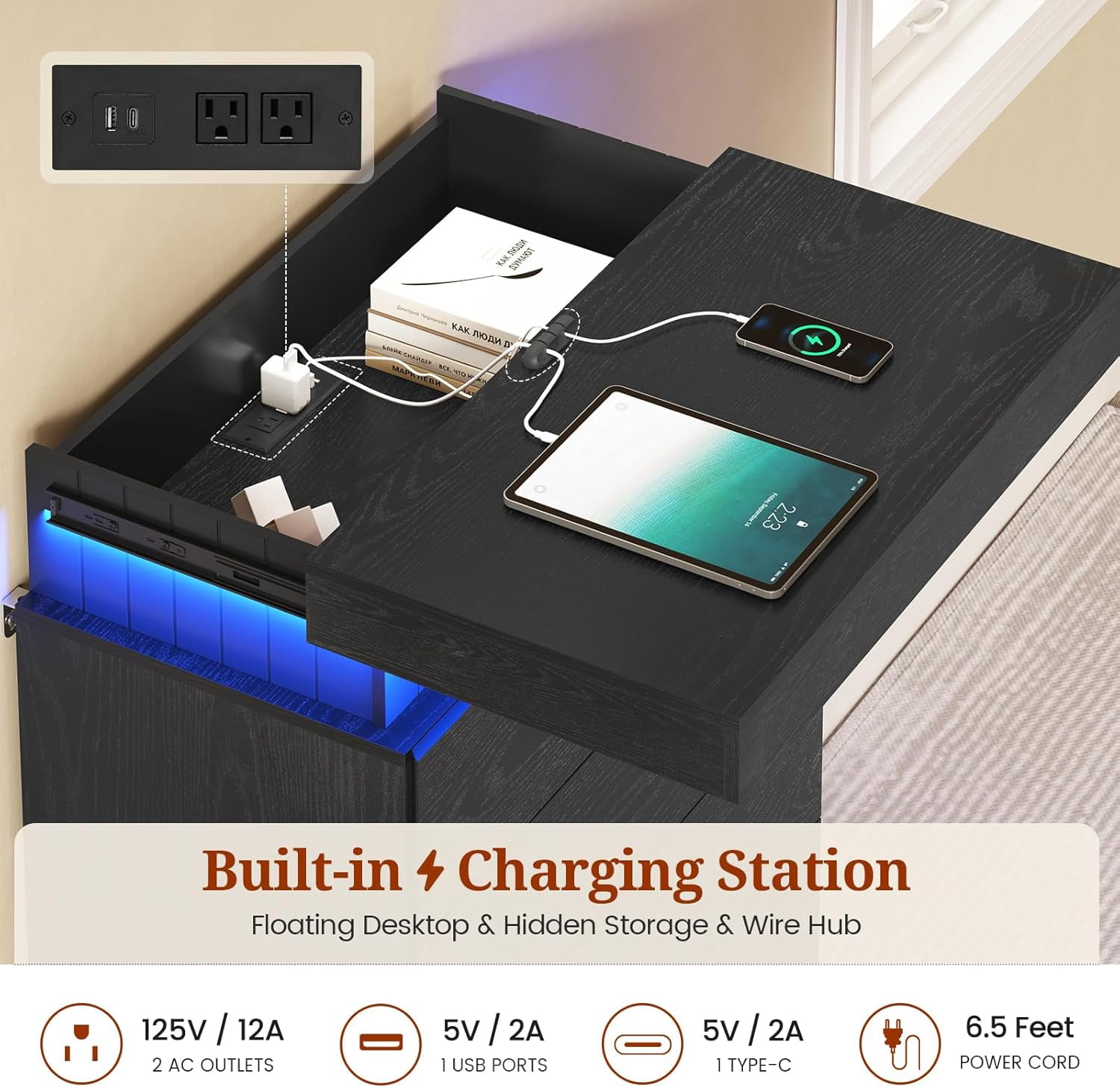 Modern Black 6 Drawer Dresser with Power Outlet & LED Lights, Wood Chest of Drawer Cabinet with Sliding Top, Floating Dressers for Bedroom, Living Room, Entryway, Weiplehoom