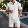 thumbnail image 5 of Uwinwear Men's Linen Casual 2 Piece Outfit Mock Neck Short Sleeve Shirt and Side Button Shorts Set Casual 2 Piece Summer Outfit,White,XL, 5 of 6