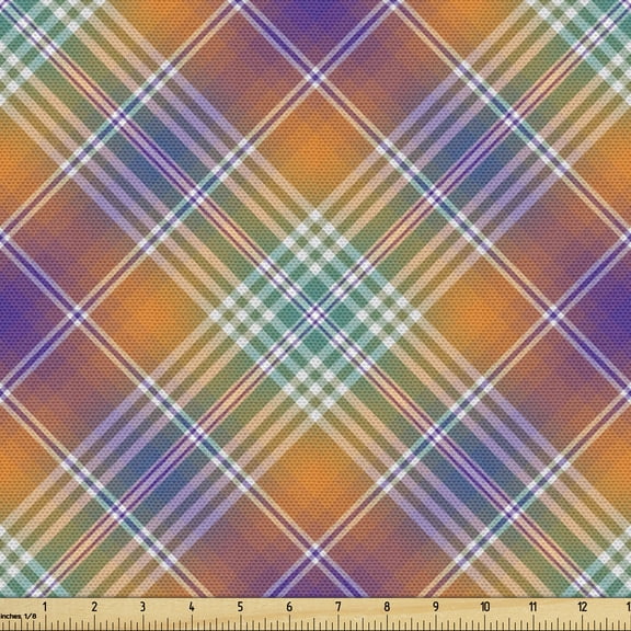 Abstract Fabric by the Yard, Classic Scottish Folk Style Geometric Tartan Plaids in Pastel Tones, Decorative Upholstery Fabric for Sofas and Home Accents, Purple Dark Orange Teal by Ambesonne