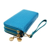 CUTIE Large Wallet for Women Glossy PU Leather Card Holder Phone Checkbook Organizer Double Zipper Coin Purse.(Blue)