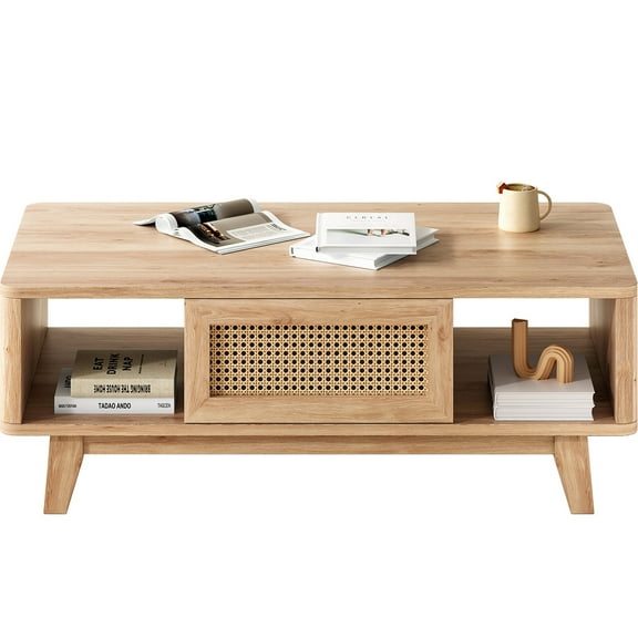 Coffee Tables Coffee Table, Mid Century Living Room Tables with Storage, Modern Square with Rattan Drawer, Wooden Living Room Table with Solid Wood Leg,Wooden Coffee Tables