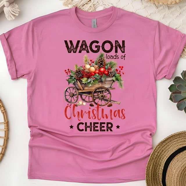 Wagon Christmas Cheer Shirt | Rustic Holiday Graphic Tee, Heliconia, Size L