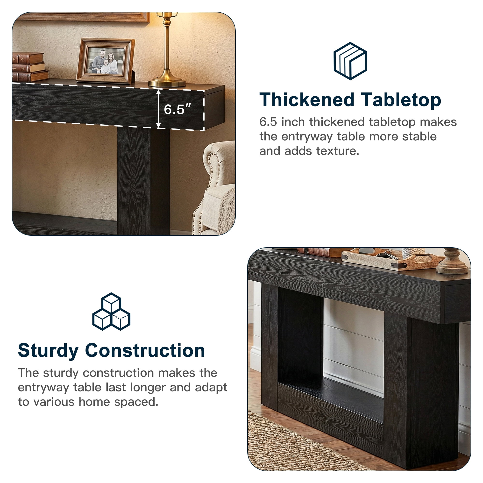 Demi Bonn 63" Wood Console Table, Farmhouse 2-Tier Sofa Table Entryway Table, Foyer Display Table, Black