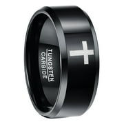 10mm Men's Black Tungsten Carbide Rings with Laser Cross Pattern and Beveled Edges Size 7-12