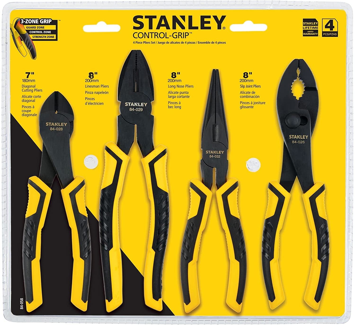 STANLEY 4 Piece Plier Set - Includes 7" Diagonal, 8" Linesman's, 8" Long Nose, and 8" Slip Joint Pliers (84-058)