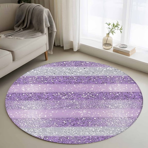 Purple Silvery Round Rug 3ft Washable Circle Entryway Rugs Non Slip Geometric Ombre Stripe Boho Sparkling Dot Area Rug Indoor Floor Carpet for Bedroom Kitchen Living Room Office Dining Room Nursery