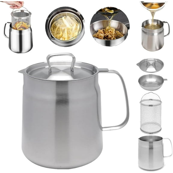 Stainless Steel Oil Filter Pot, 304 Stainless Steel Large Capacity Versatile Oil Filter Vessel, Multi-Functional Oil Filter Tank, Kitchen Cooking Oil Filter with Fried Basket (2L)