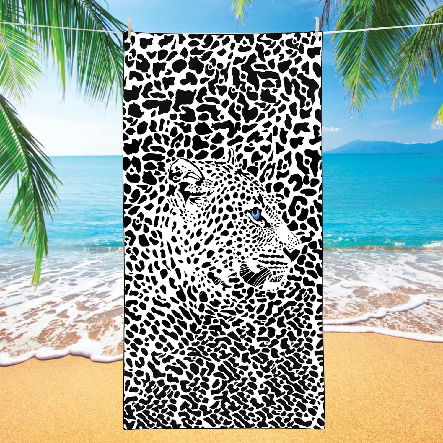 Cheetah Beach Towel Oversized 71x36IN Quick Dry Sand-Free Black and White Leopard Print Beach Towels Soft Lightweight Towels for Swim Pool Camping Travel