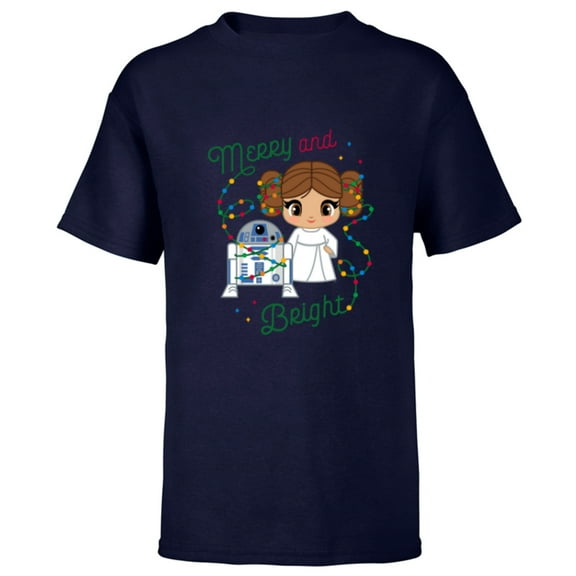 Star Wars Princess Leia R2-D2 Cute Christmas Merry & Bright - Short Sleeve T-Shirt for Kids - Customized-Navy