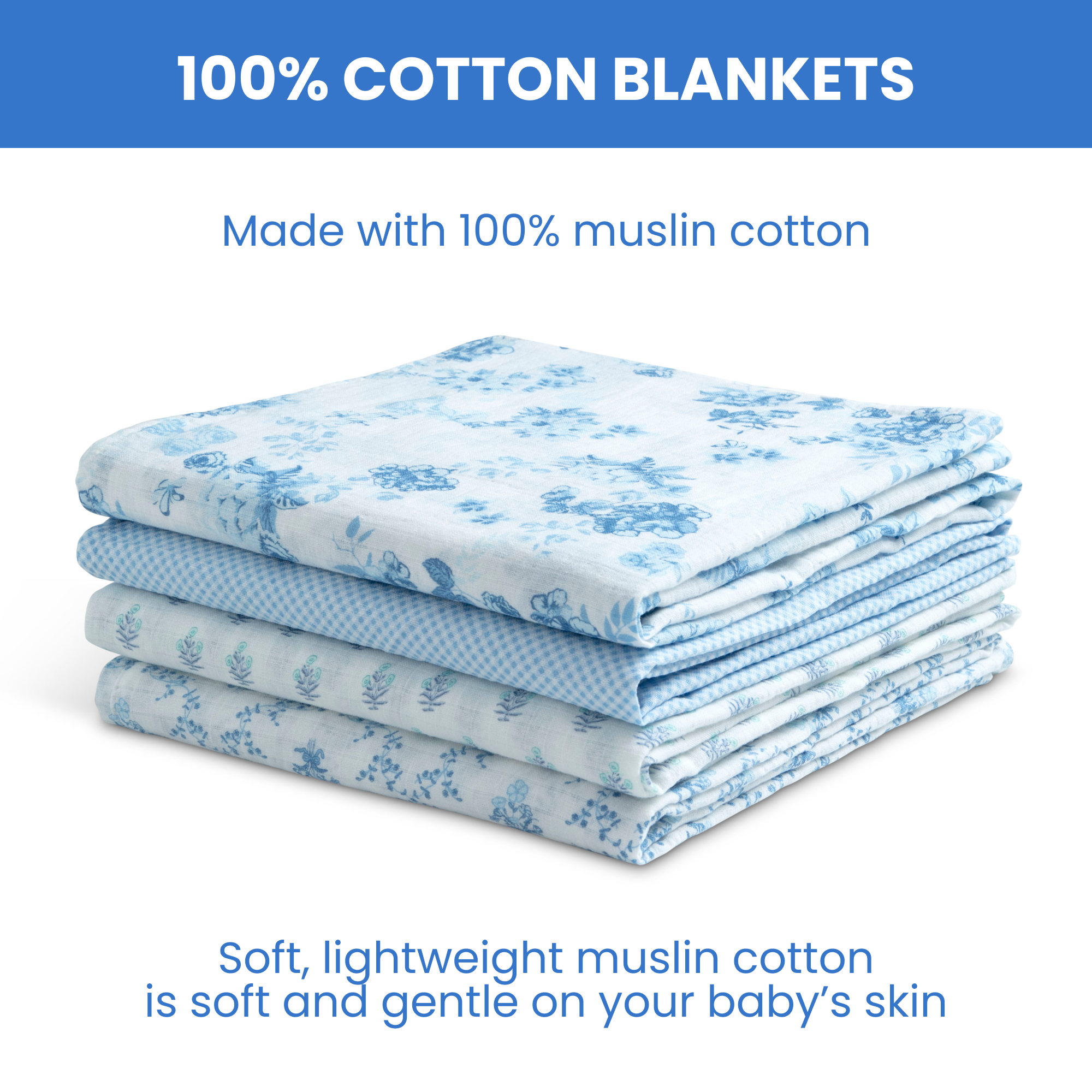 Delta Children 100% Cotton Muslin Baby Receiving Blankets for Girls and Boys – 47x47 Inches (Pack of 4), Blue Botanicals