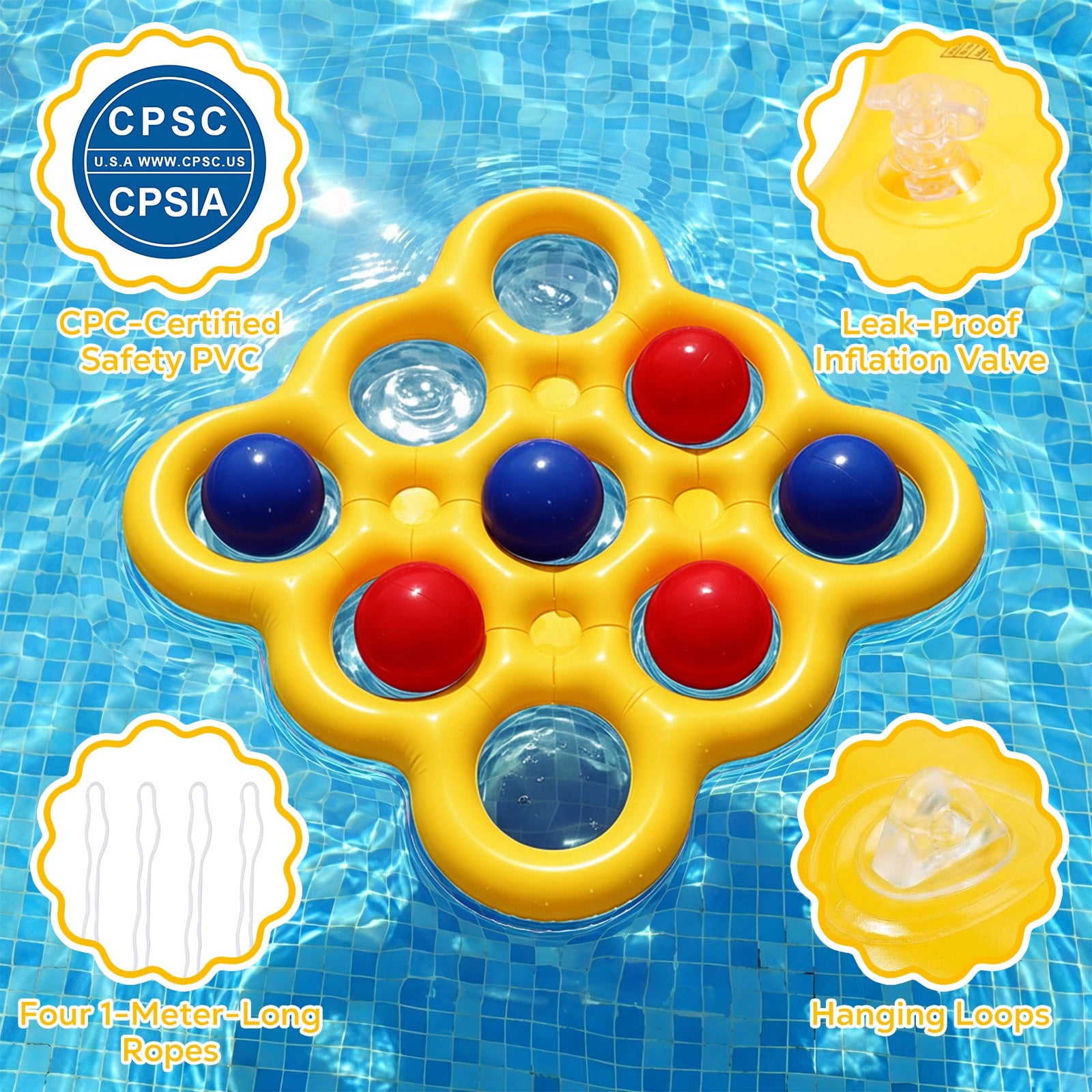 MoKo Pool Toys Games Set Tic-Tac-Toe Inflatable Pool Toy with 10 Balls - for Adults Teens Kids 2-10 Players, Yellow