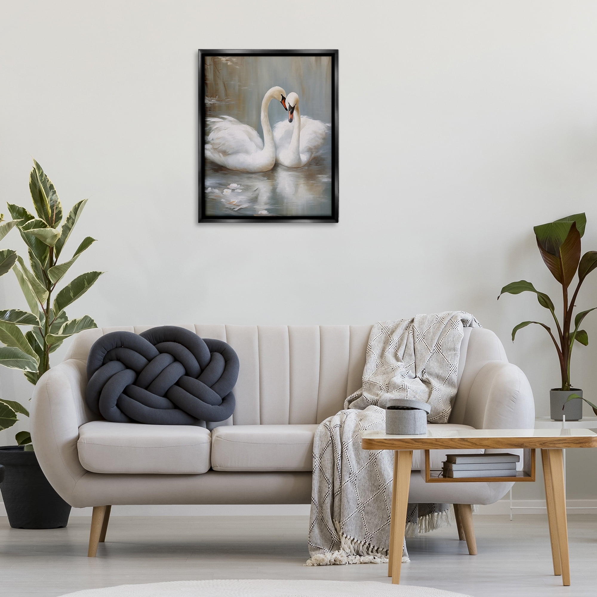 Stupell Industries Kissing Swans on Pond Animals Painting Black Floater Framed Canvas Art Print Wall Art, 25 x 31