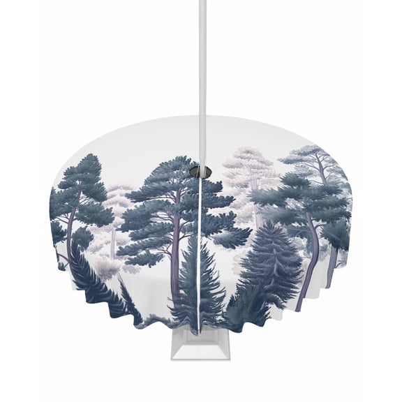 Fsddascl Navy Blue Pine Tree Outdoor Tablecloth - 60 Inch Round Dining Table Cover, Spring Botanical Watercolor Waterproof Outdoor Table Cloth with Umbrella Hole & Zipper for Picnic/Patio/Party